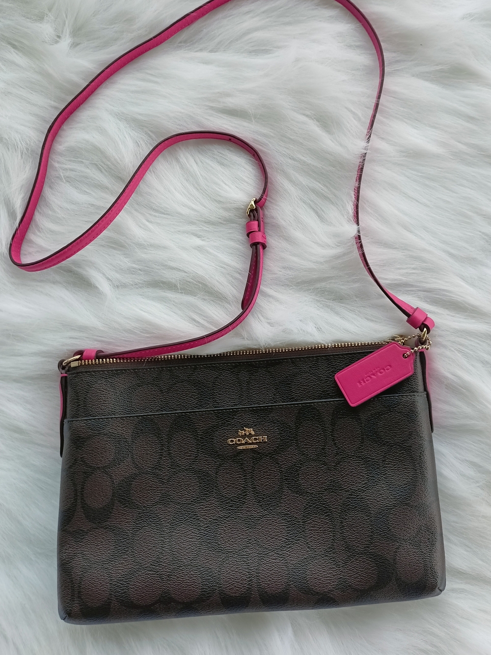 Coach Brown Signature Crossbody with Pink Trim